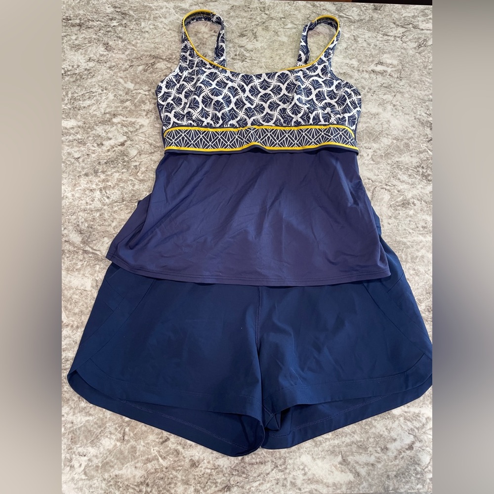 Lands' End Tankini Bathing Suit Top 10P & Short Bottoms 10 Blue & Yellow